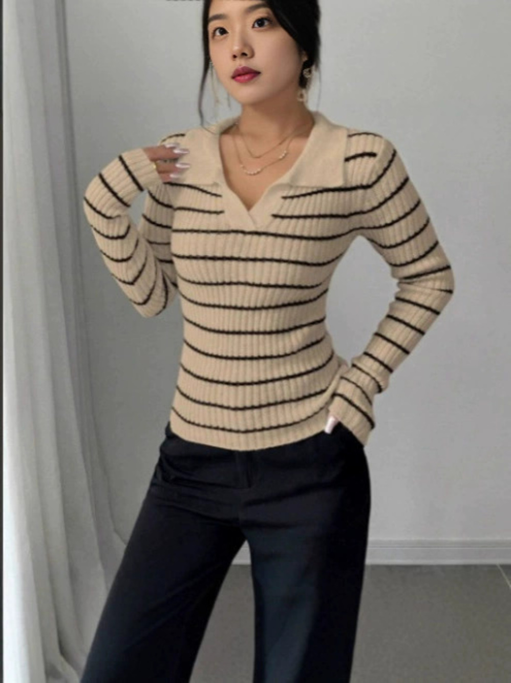 ZARA Black White Striped Turtleneck Knit Top Short Fitted Fall Layering